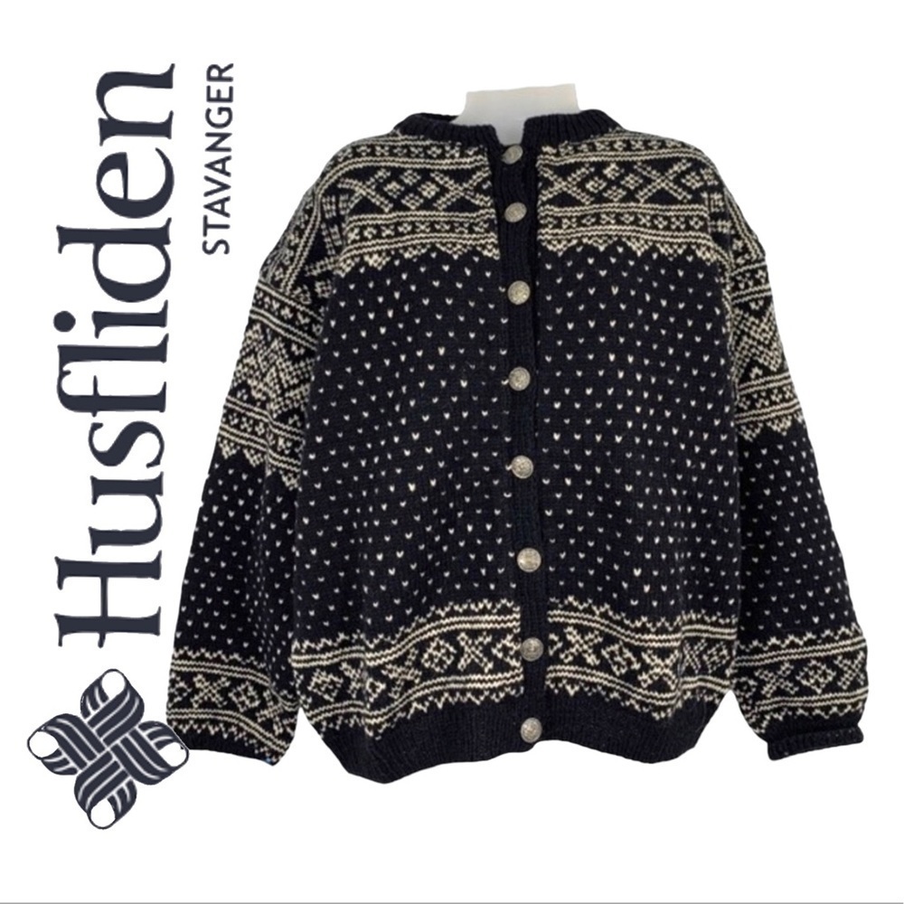 HUSFLIDEN NORGE WOOL SWEATER CARDIGAN 100% WOOL VINTAGE SZ fit Large
